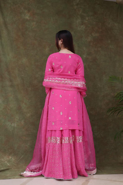 Mukaish Kamdani Rani Pink Pure Georgette Kurta Gharara Set with Organza Dupatta