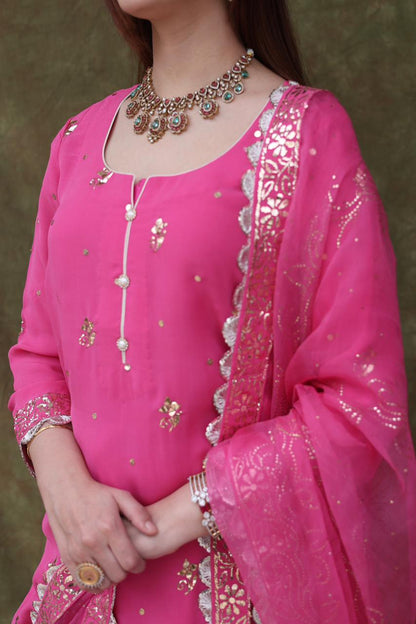 Mukaish Kamdani Rani Pink Pure Georgette Kurta Gharara Set with Organza Dupatta