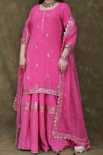 Mukaish Kamdani Rani Pink Pure Georgette Kurta Gharara Set with Organza Dupatta