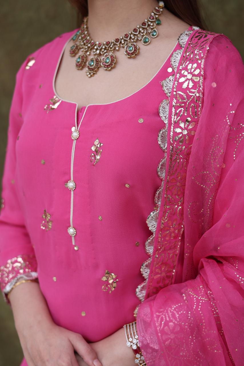 Mukaish Kamdani Rani Pink Pure Georgette Kurta Gharara Set with Organza Dupatta