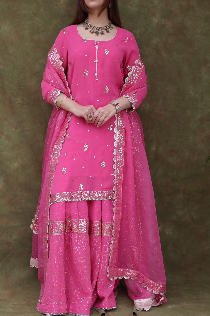 Mukaish Kamdani Rani Pink Pure Georgette Kurta Gharara Set with Organza Dupatta