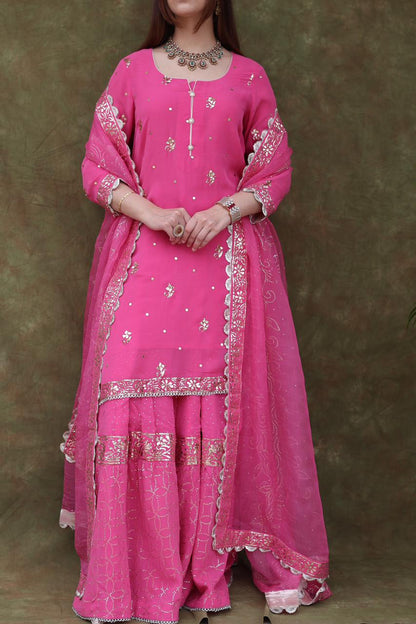 Mukaish Kamdani Rani Pink Pure Georgette Kurta Gharara Set with Organza Dupatta