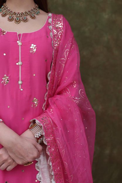 Mukaish Kamdani Rani Pink Pure Georgette Kurta Gharara Set with Organza Dupatta