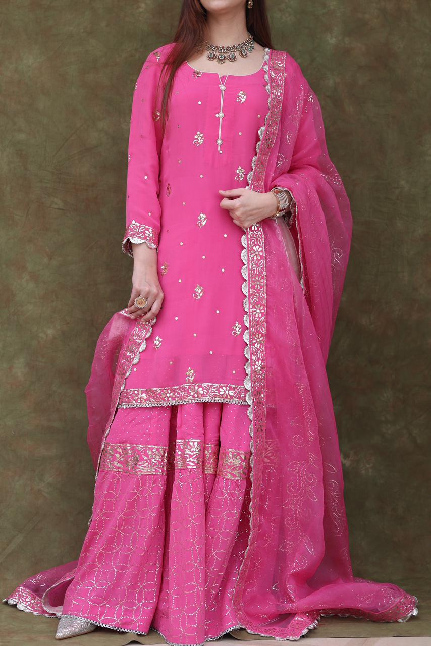 Mukaish Kamdani Rani Pink Pure Georgette Kurta Gharara Set with Organza Dupatta