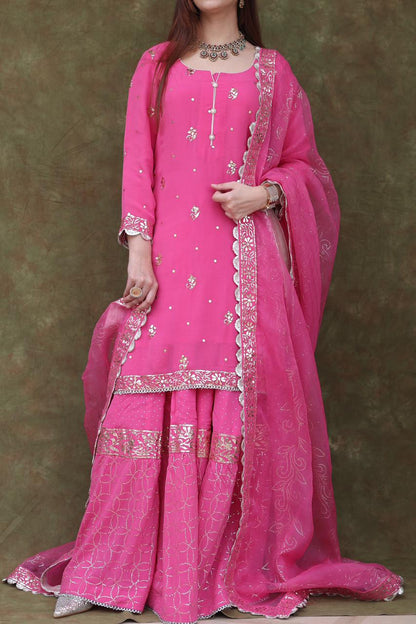 Mukaish Kamdani Rani Pink Pure Georgette Kurta Gharara Set with Organza Dupatta