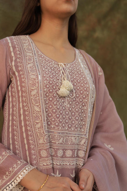 Light Mauve Mulmul Pearl White Chikankari Ready To Wear Kurta Dupatta Set