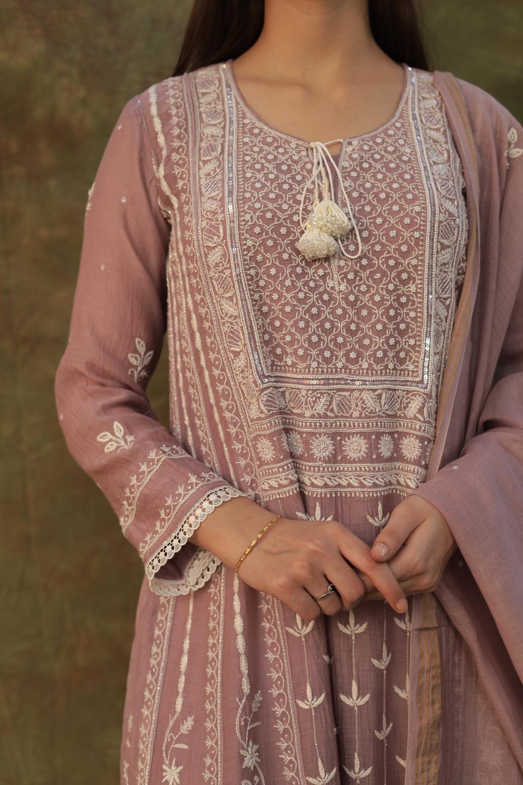Light Mauve Mulmul Pearl White Chikankari Ready To Wear Kurta Dupatta Set