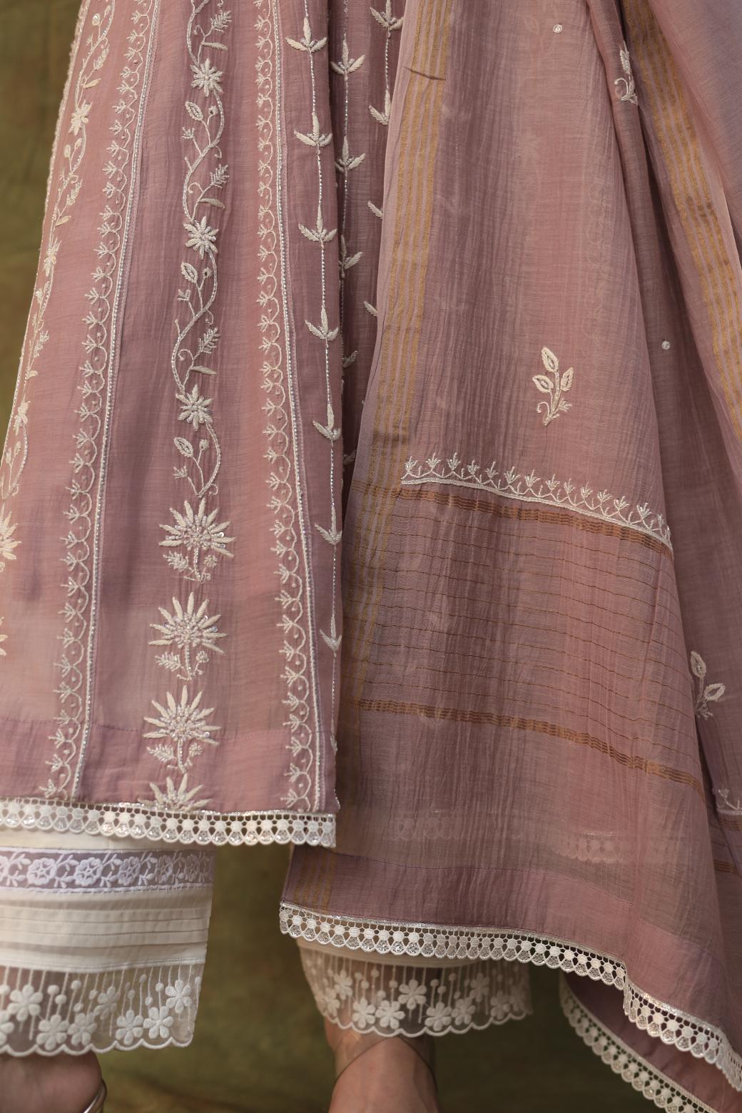 Light Mauve Mulmul Pearl White Chikankari Ready To Wear Kurta Dupatta Set