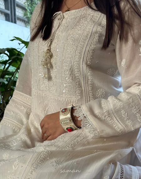 Mulmul Pearl White Chikankari Ready to Wear Kurta Set