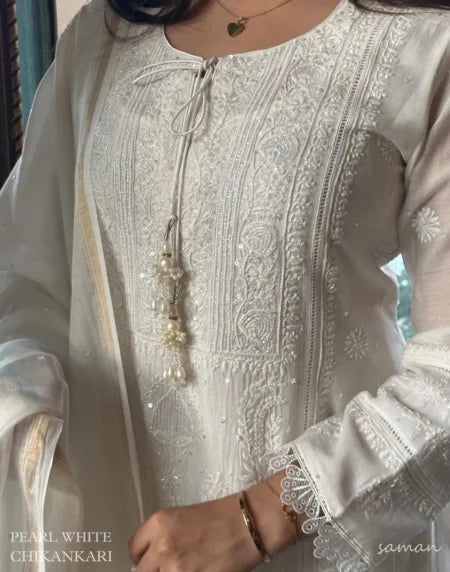 Mulmul Pearl White Chikankari Ready to Wear Kurta Set