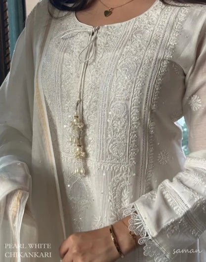 Mulmul Pearl White Chikankari Ready to Wear Kurta Set