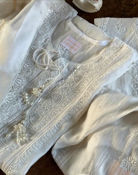 Mulmul Pearl White Chikankari Ready to Wear Kurta Set