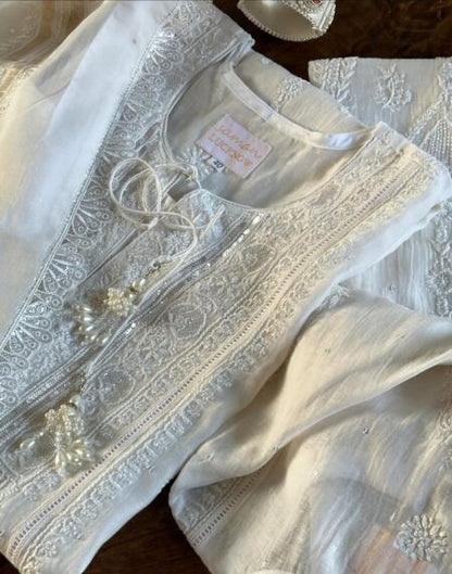 Mulmul Pearl White Chikankari Ready to Wear Kurta Set