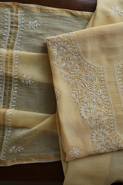 Mushroom Beige Shade Mal Cotton Fine Chikankari Unstitched Fabric