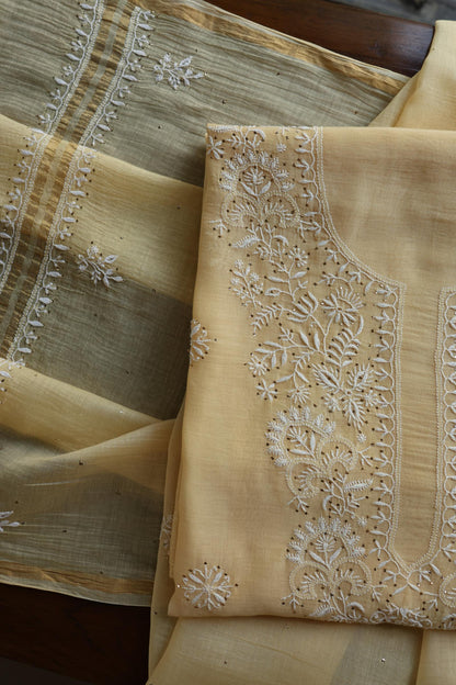 Mushroom Beige Shade Mal Cotton Fine Chikankari Unstitched Fabric