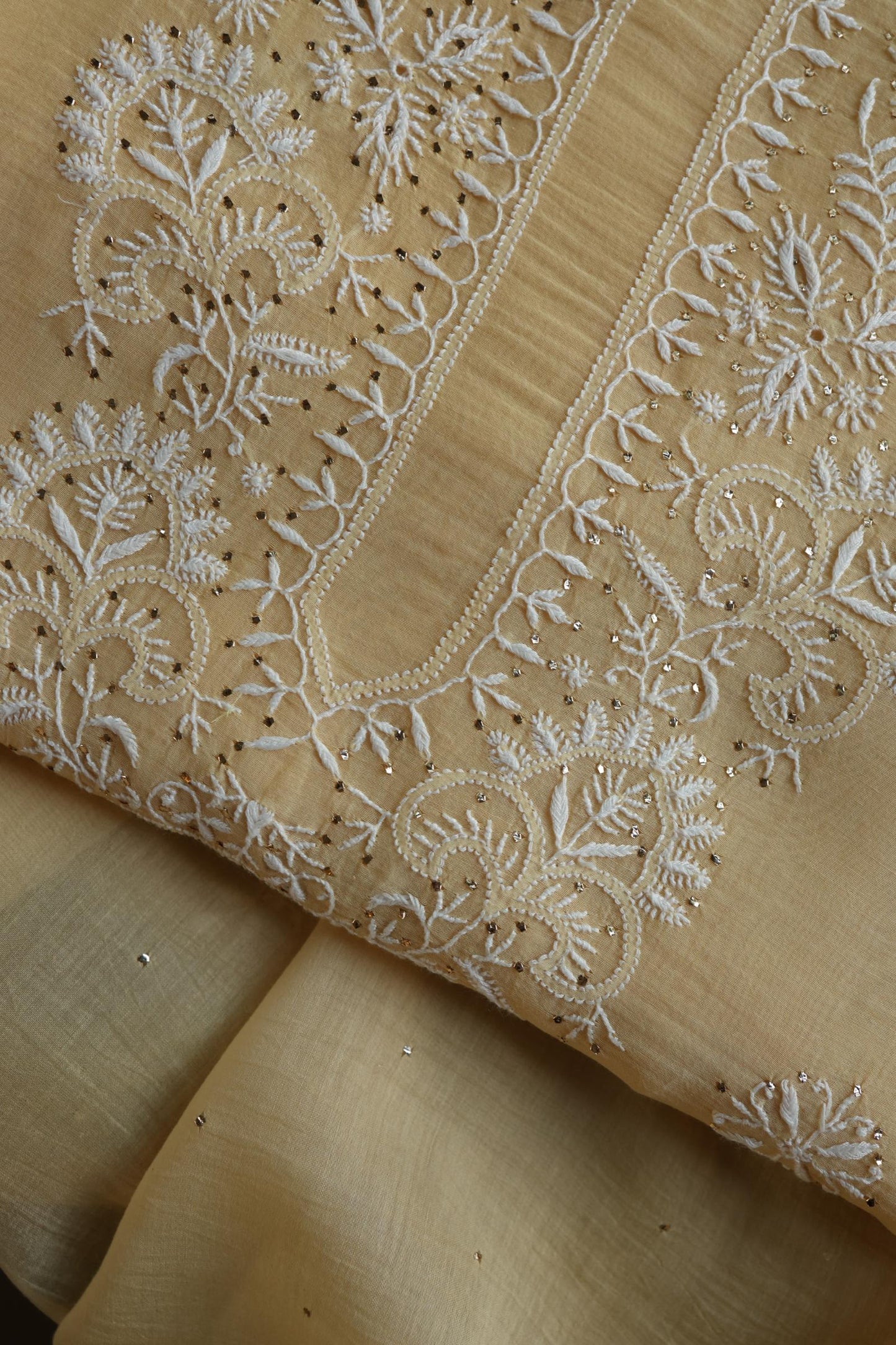 Mushroom Beige Shade Mal Cotton Fine Chikankari Unstitched Fabric