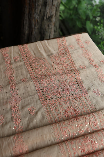 Mushroom Beige Shade Mal Cotton Fine Chikankari With Kamdani Work Unstitched Fabric