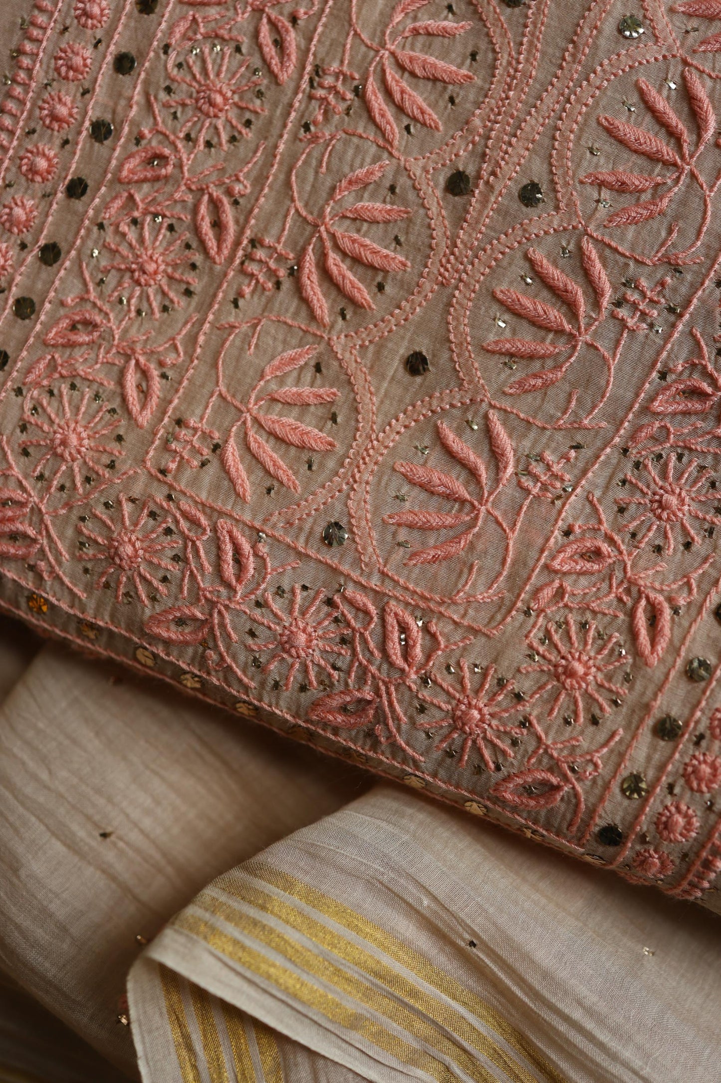 Mushroom Beige Shade Mal Cotton Fine Chikankari With Kamdani Work Unstitched Fabric