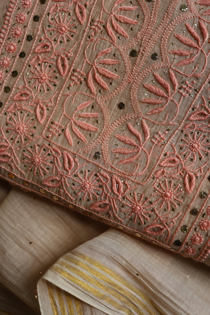 Mushroom Beige Shade Mal Cotton Fine Chikankari With Kamdani Work Unstitched Fabric