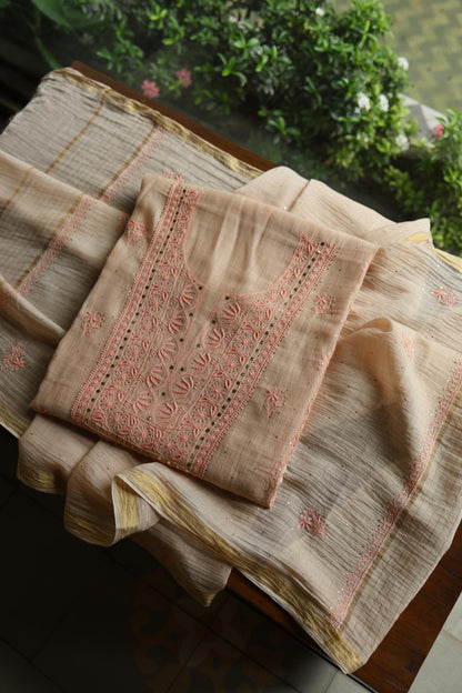 Mushroom Beige Shade Mal Cotton Fine Chikankari With Kamdani Work Unstitched Fabric