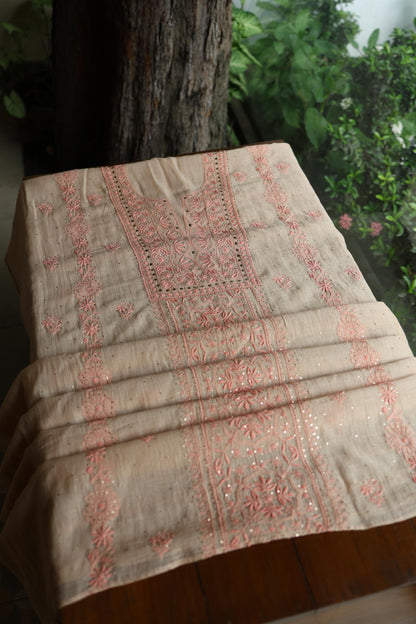Mushroom Beige Shade Mal Cotton Fine Chikankari With Kamdani Work Unstitched Fabric