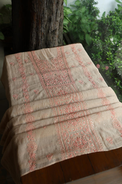 Mushroom Beige Shade Mal Cotton Fine Chikankari With Kamdani Work Unstitched Fabric