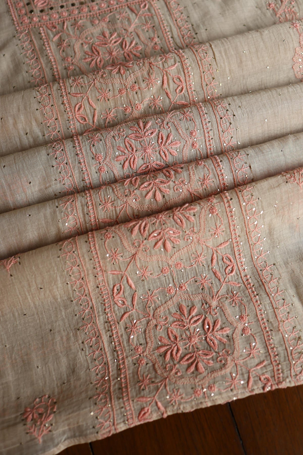 Mushroom Beige Shade Mal Cotton Fine Chikankari With Kamdani Work Unstitched Fabric