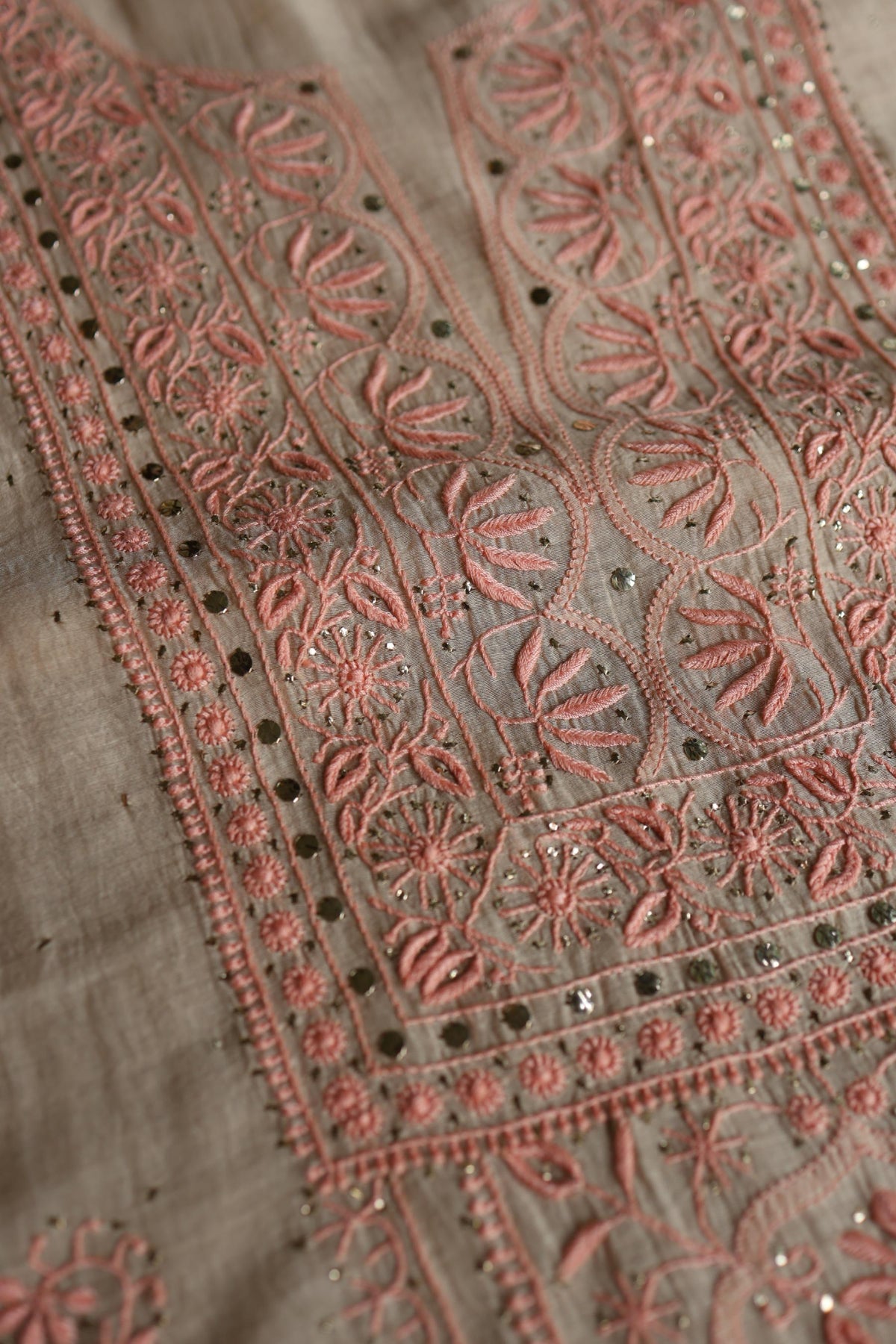 Mushroom Beige Shade Mal Cotton Fine Chikankari With Kamdani Work Unstitched Fabric
