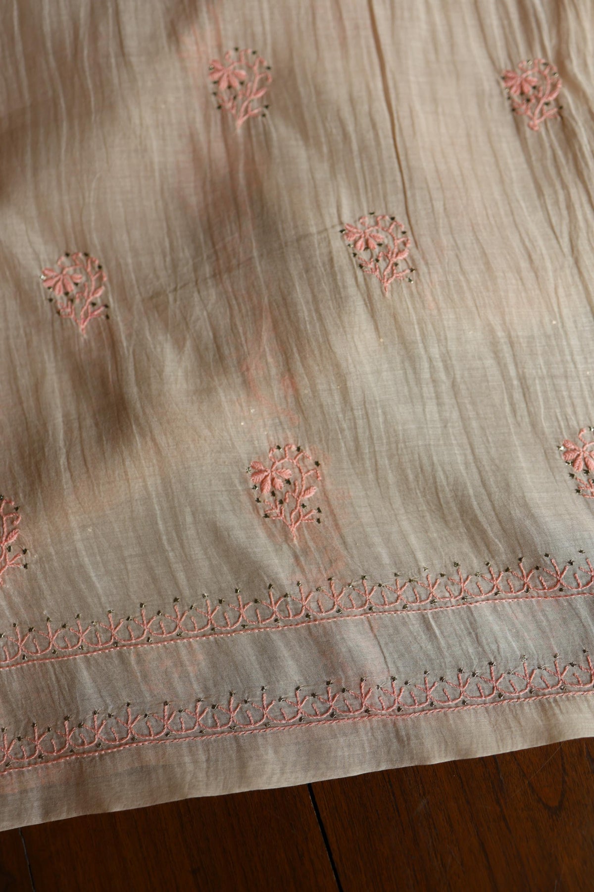 Mushroom Beige Shade Mal Cotton Fine Chikankari With Kamdani Work Unstitched Fabric
