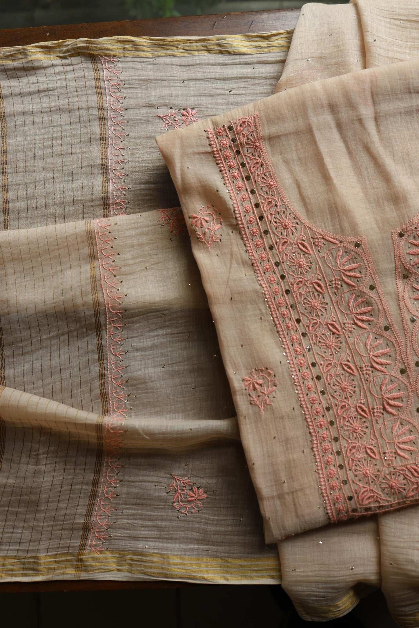 Mushroom Beige Shade Mal Cotton Fine Chikankari With Kamdani Work Unstitched Fabric