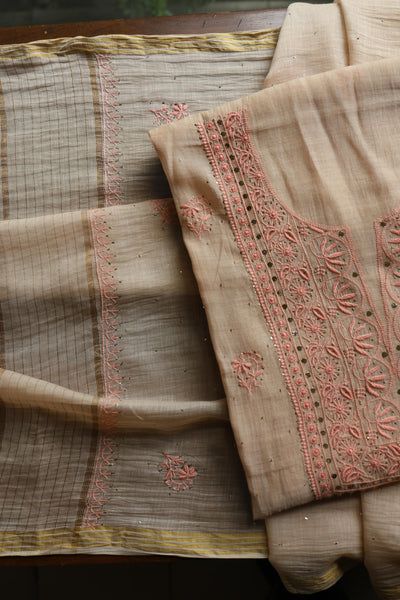 Mushroom Beige Shade Mal Cotton Fine Chikankari With Kamdani Work Unstitched Fabric