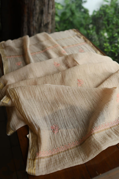 Mushroom Beige Shade Mal Cotton Fine Chikankari With Kamdani Work Unstitched Fabric