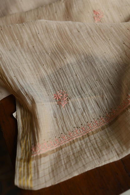 Mushroom Beige Shade Mal Cotton Fine Chikankari With Kamdani Work Unstitched Fabric