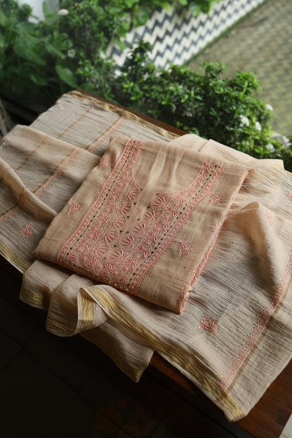 Mushroom Beige Shade Mal Cotton Fine Chikankari With Kamdani Work Unstitched Fabric