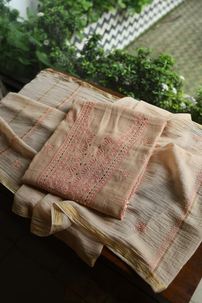 Mushroom Beige Shade Mal Cotton Fine Chikankari With Kamdani Work Unstitched Fabric