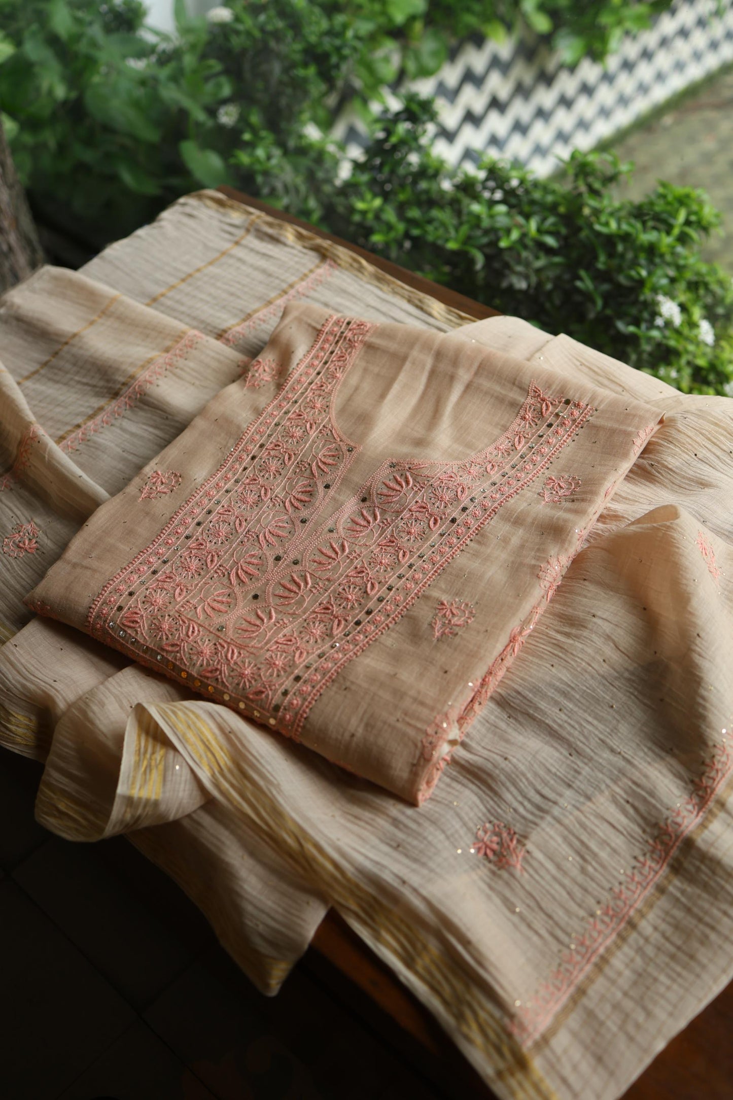 Mushroom Beige Shade Mal Cotton Fine Chikankari With Kamdani Work Unstitched Fabric