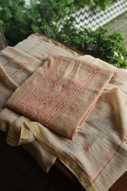 Mushroom Beige Shade Mal Cotton Fine Chikankari With Kamdani Work Unstitched Fabric