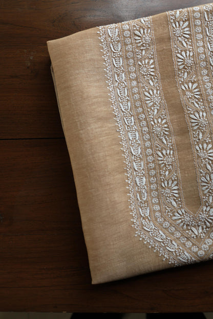 Mushroom Beige Shade Mulmul Chikankari Unstitched Men's Kurtas Fabric