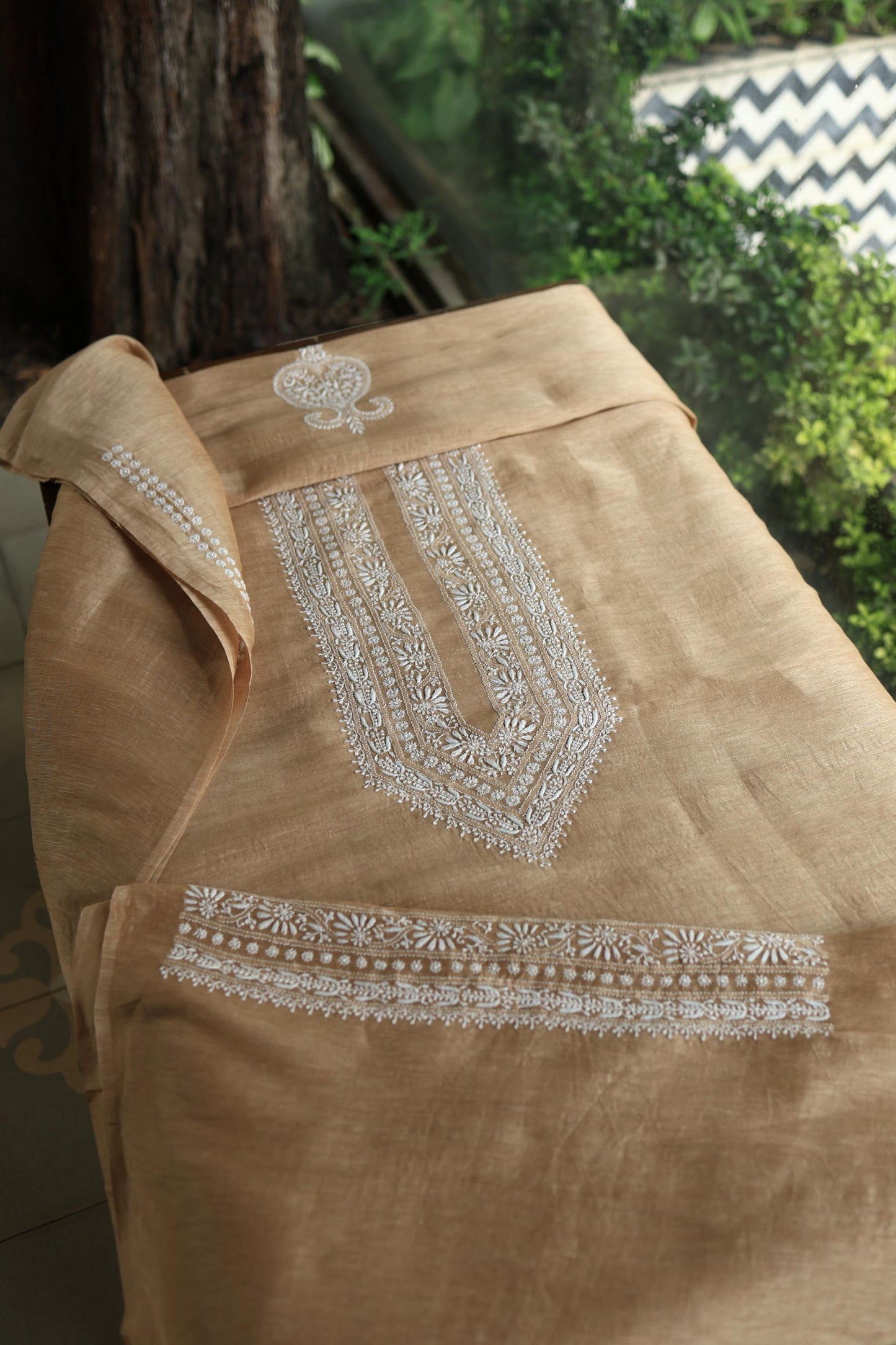Mushroom Beige Shade Mulmul Chikankari Unstitched Men's Kurtas Fabric