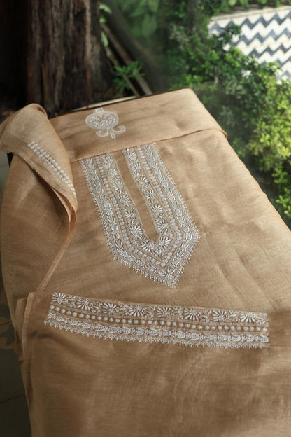 Mushroom Beige Shade Mulmul Chikankari Unstitched Men's Kurtas Fabric