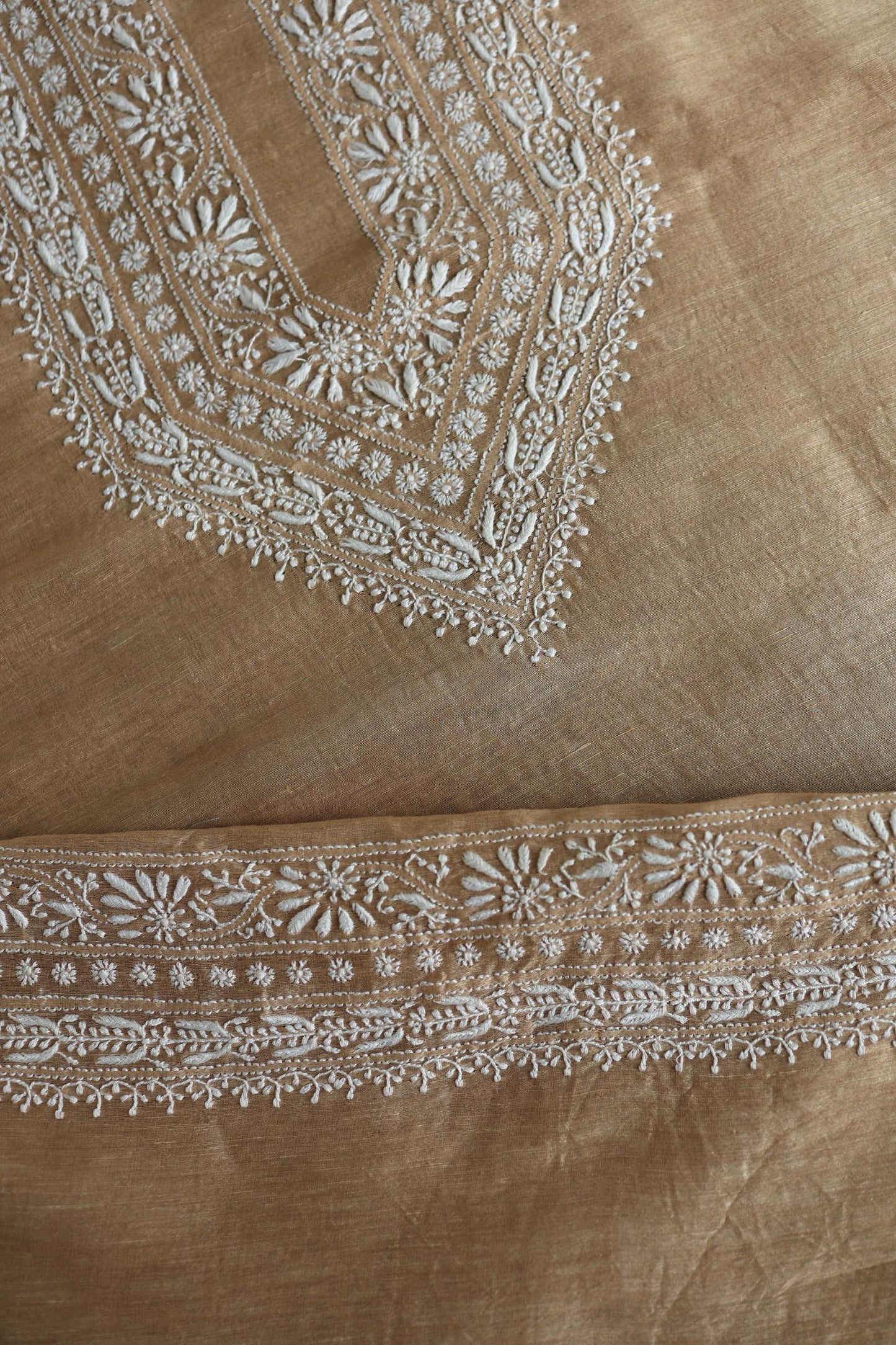 Mushroom Beige Shade Mulmul Chikankari Unstitched Men's Kurtas Fabric