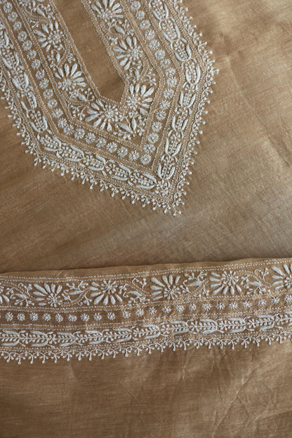 Mushroom Beige Shade Mulmul Chikankari Unstitched Men's Kurtas Fabric