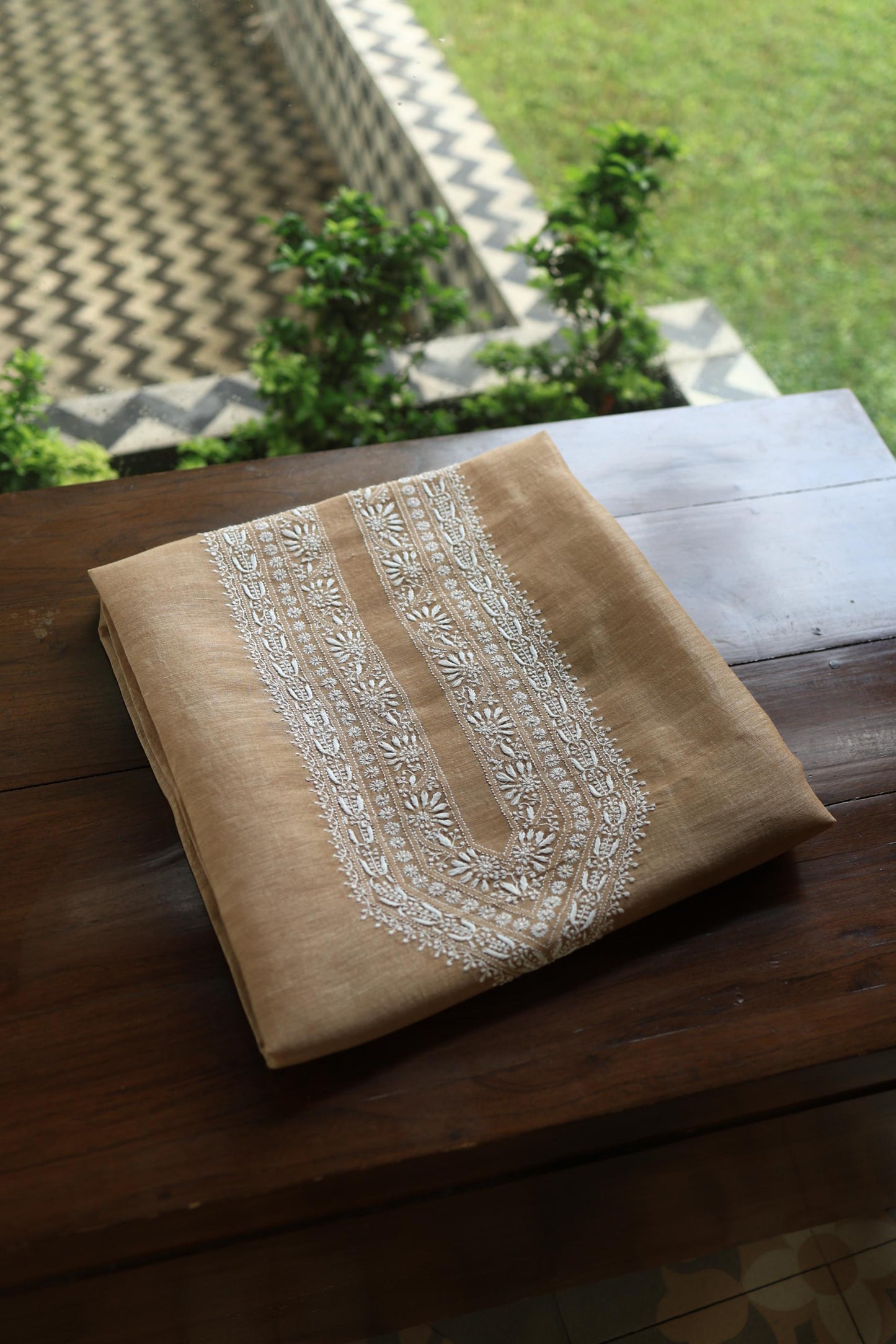 Mushroom Beige Shade Mulmul Chikankari Unstitched Men's Kurtas Fabric