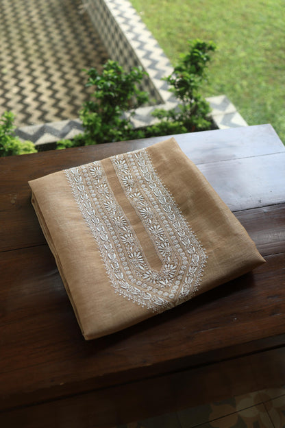 Mushroom Beige Shade Mulmul Chikankari Unstitched Men's Kurtas Fabric