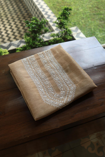 Mushroom Beige Shade Mulmul Chikankari Unstitched Men's Kurtas Fabric