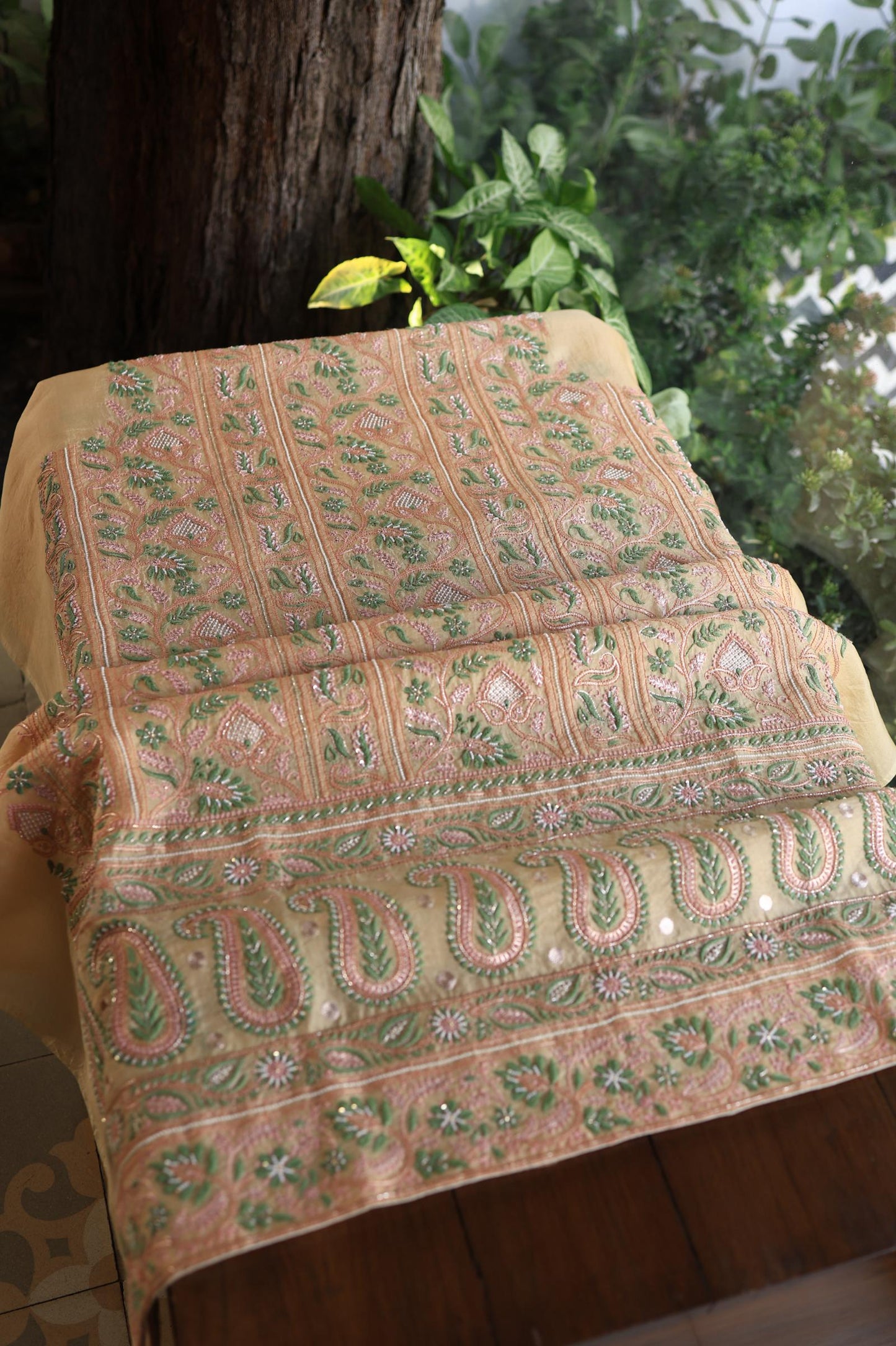 Musk Melon Shade Noor Banarasi Organza Chikankari Unstitched Fabric