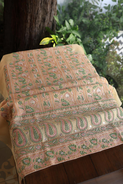 Musk Melon Shade Noor Banarasi Organza Chikankari Unstitched Fabric