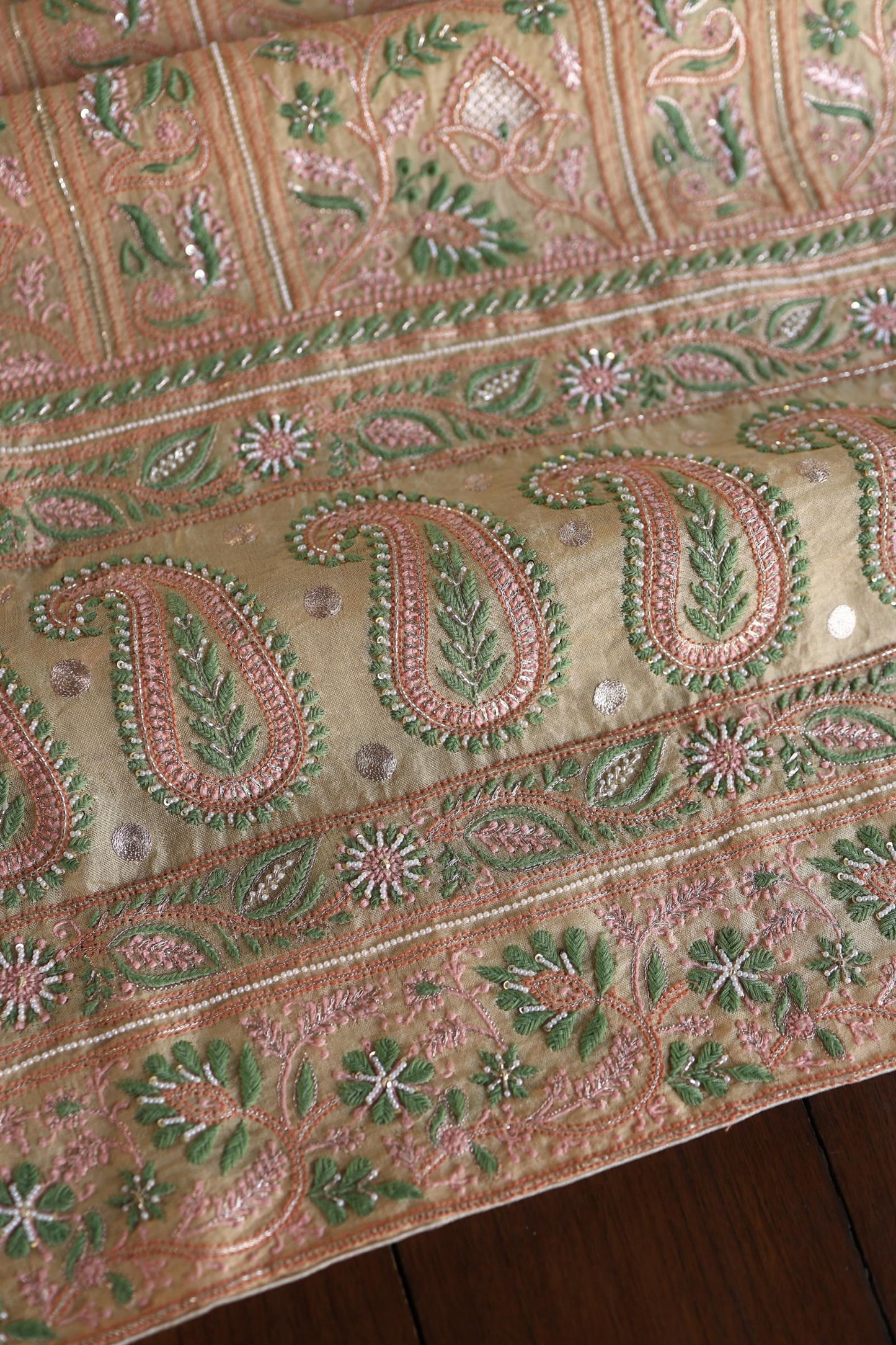Musk Melon Shade Noor Banarasi Organza Chikankari Unstitched Fabric