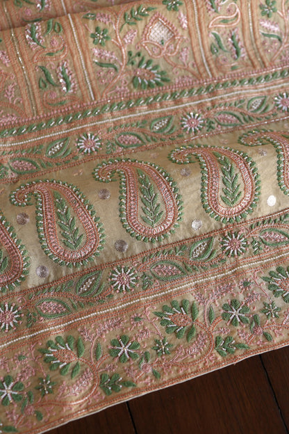Musk Melon Shade Noor Banarasi Organza Chikankari Unstitched Fabric