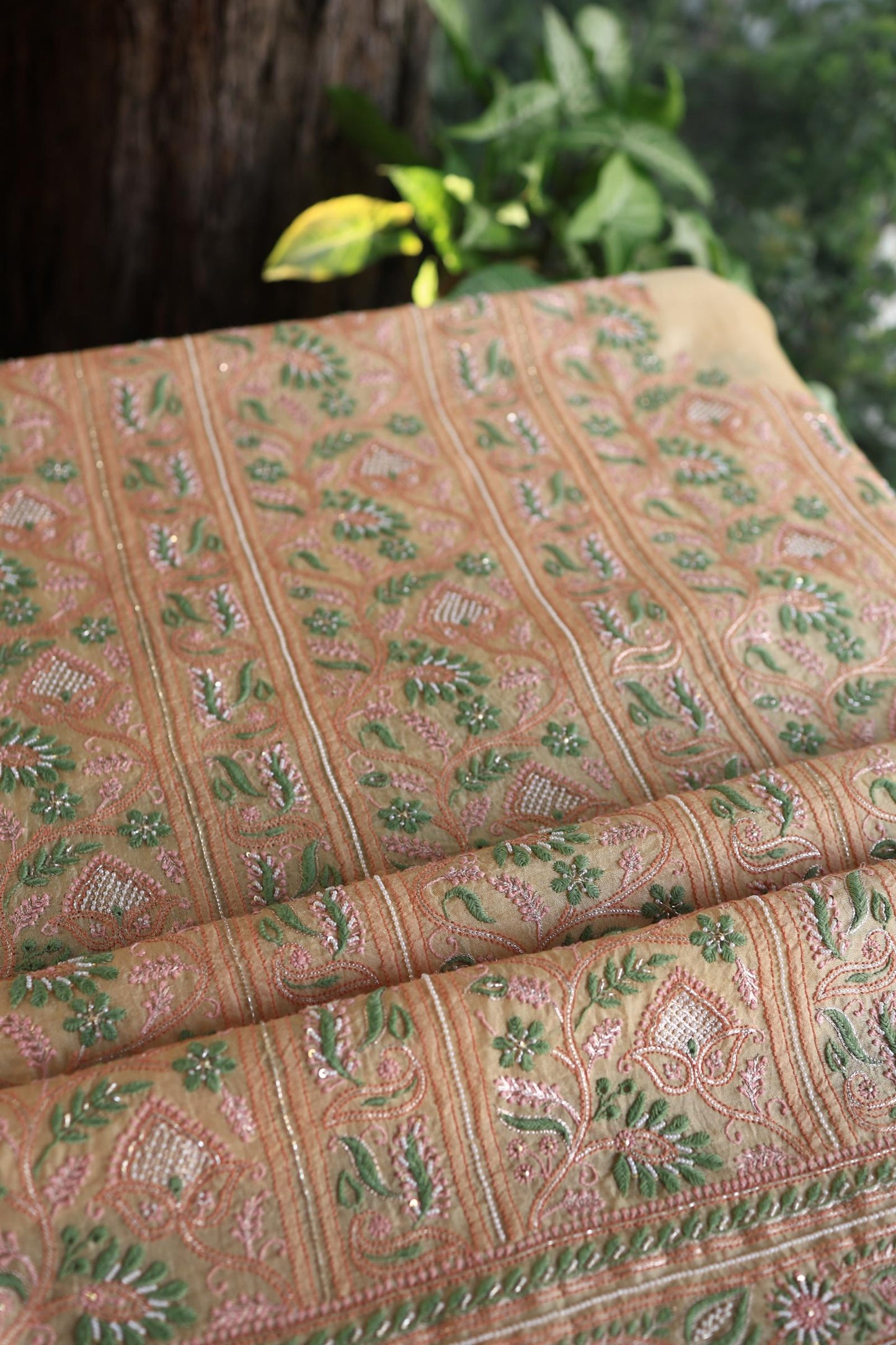 Musk Melon Shade Noor Banarasi Organza Chikankari Unstitched Fabric
